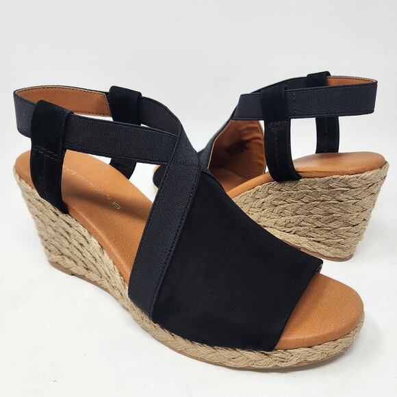 Andre Assous Wedge Sandal Women 7.5M Nalik Black Suede Braid Open Toe Espadrille - Picture 2 of 10